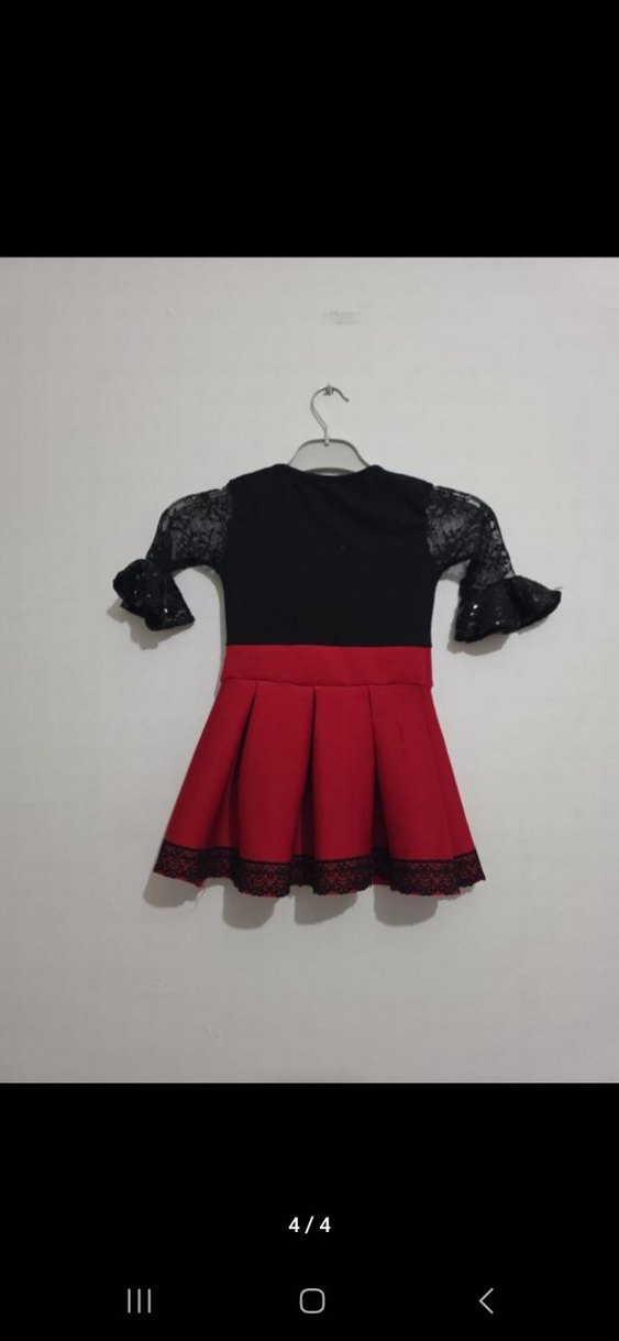 Kız Çocuk Siyah Kırmızı Dantel Kollu Elbise - Görsel 3