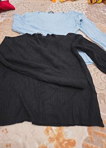 Mavi V Yaka Örgü Kadın Kazak - Görsel 3