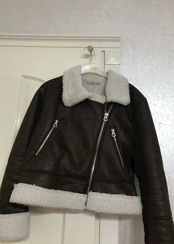 Kürk Detaylı Kahverengi Deri Biker Ceket - Görsel 2