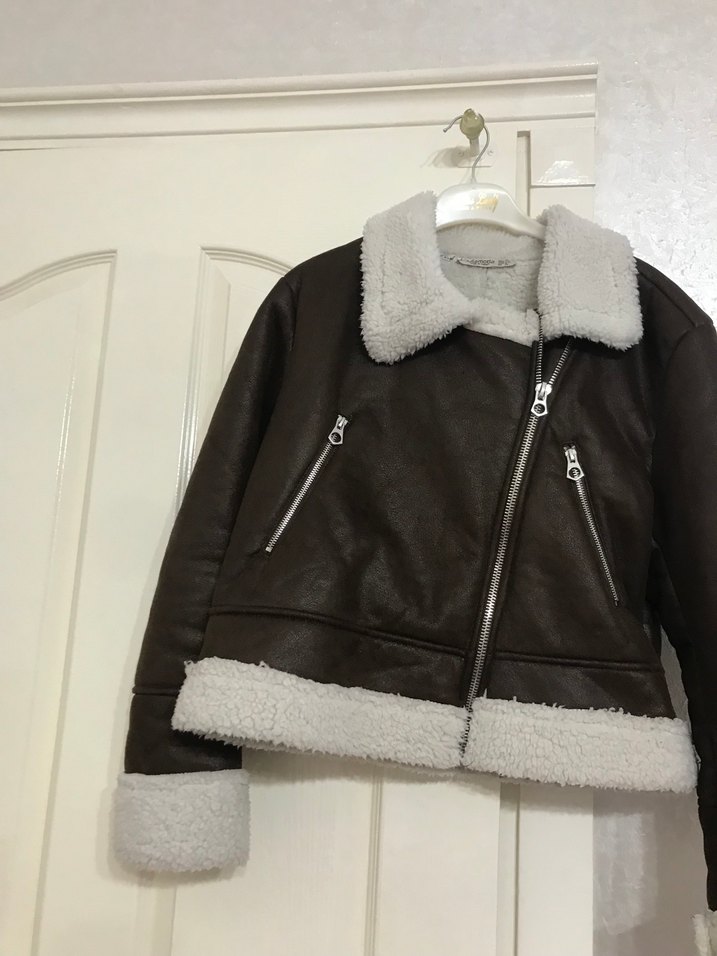 Kürk Detaylı Kahverengi Deri Biker Ceket - Görsel 3