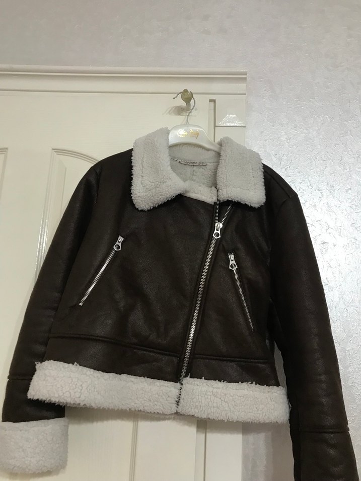 Kürk Detaylı Kahverengi Deri Biker Ceket - Görsel 2