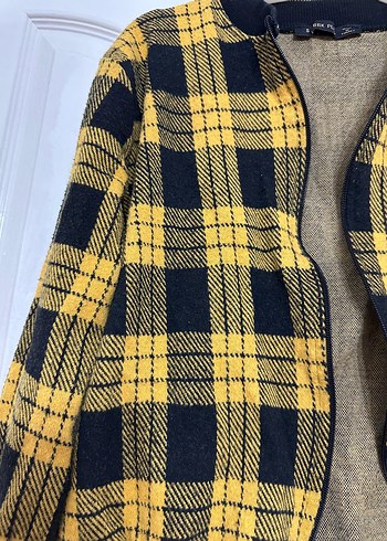 Sarı Siyah Kareli Kadın Yün Ceket - Görsel 4