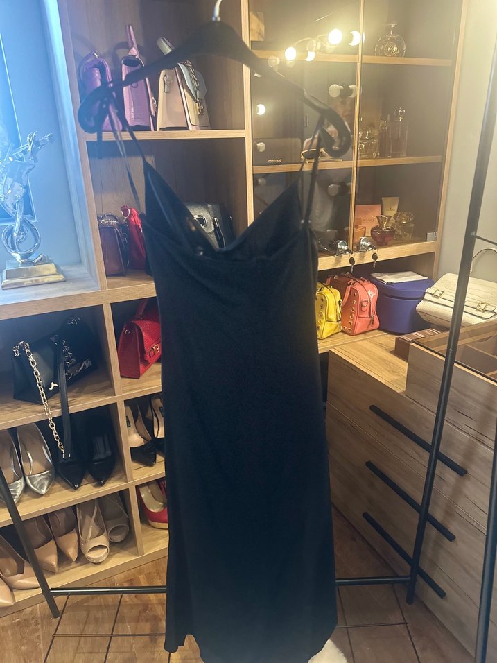 Siyah Drapeli V Yaka Uzun Kadın Elbise - Görsel 2