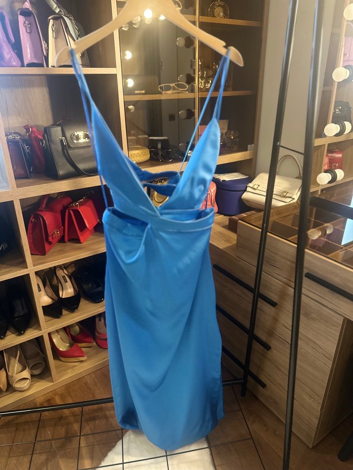 Parlak Mavi Drapeli Uzun Abiye Elbise - Görsel 4