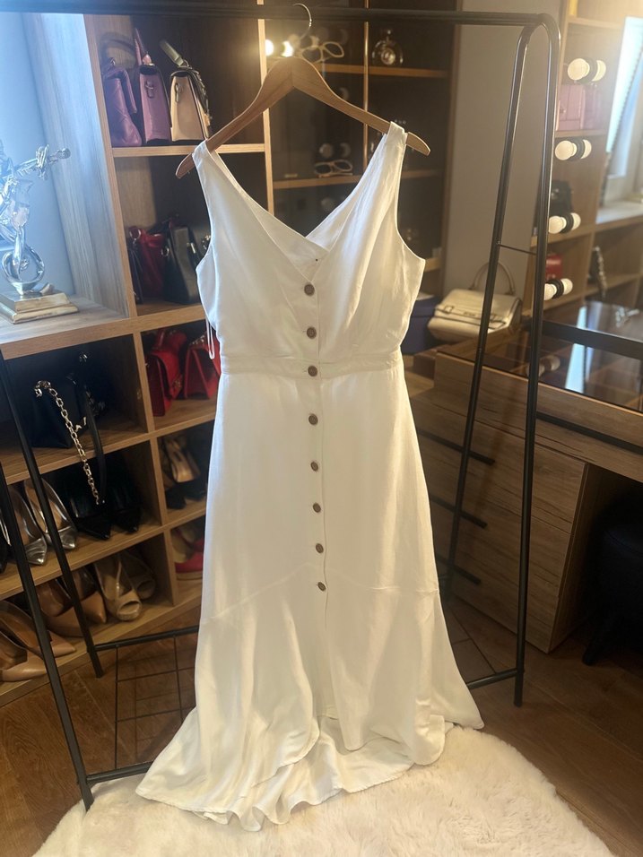 Düğmeli V Yaka Uzun Keten Elbise - Görsel 5