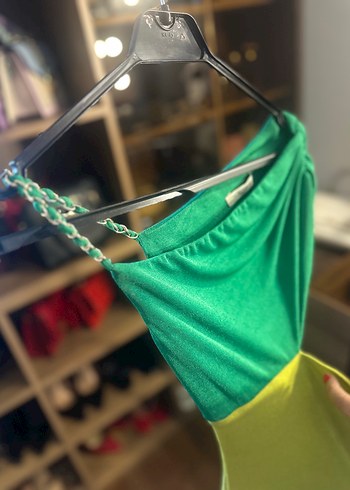 Yeşil Drapeli Uzun Straplez Elbise - Görsel 3