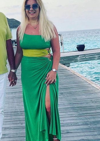 Yeşil Drapeli Uzun Straplez Elbise - Görsel 5