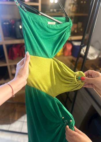 Yeşil Drapeli Uzun Straplez Elbise - Görsel 2