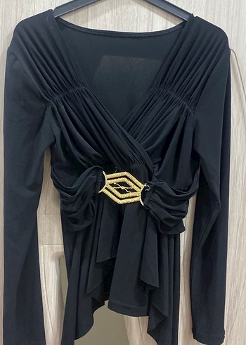 Diğer Siyah Kemer Detaylı Uzun Kollu Bluz