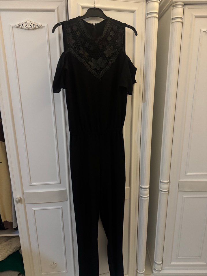 Dantel Detaylı Siyah Kadın Uzun Tulum - Görsel 2