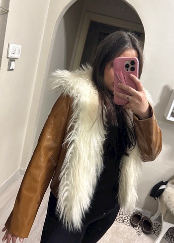 Bej Deri Kadın Kürk Detaylı Mont - Görsel 2