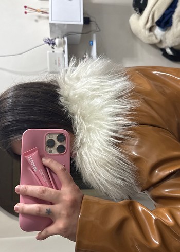 Bej Deri Kadın Kürk Detaylı Mont - Görsel 3