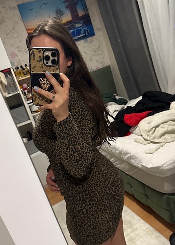 Zara Kahverengi Leopar Desenli Mini Elbise - Görsel 2