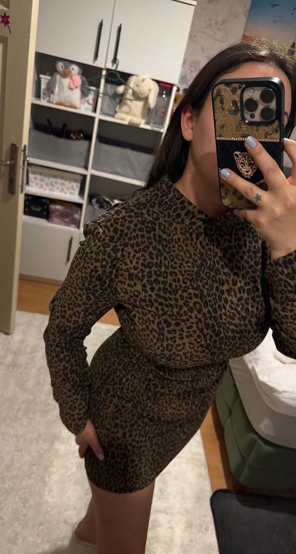 Zara Kahverengi Leopar Desenli Mini Elbise - Görsel 4