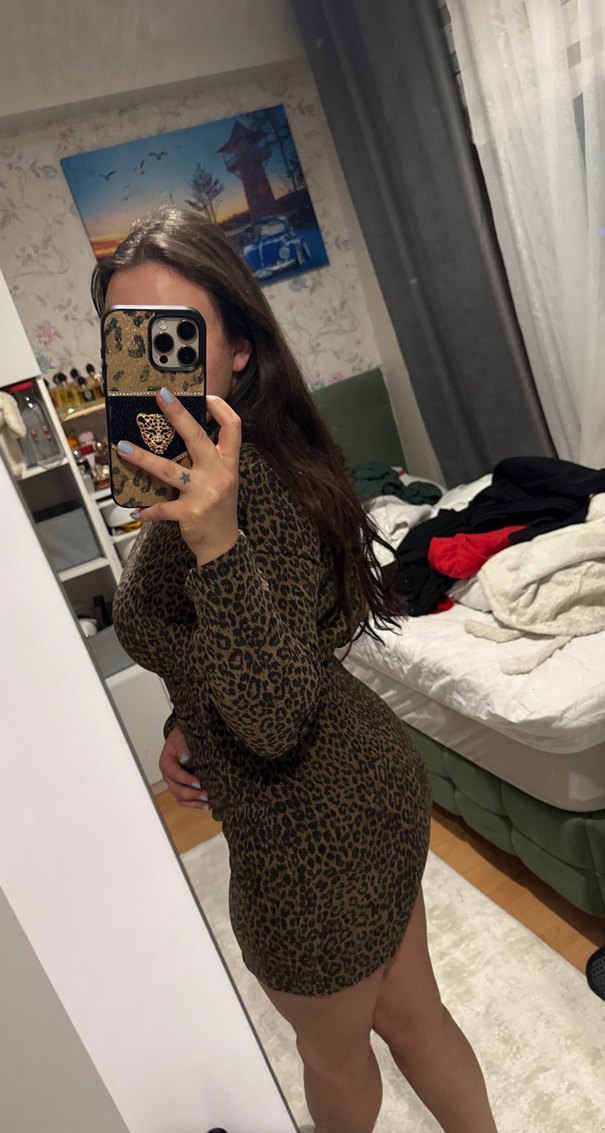 Zara Kahverengi Leopar Desenli Mini Elbise - Görsel 2