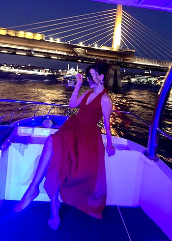 Parlak Kırmızı Uzun Drapeli Kadın Abiye - Görsel 7