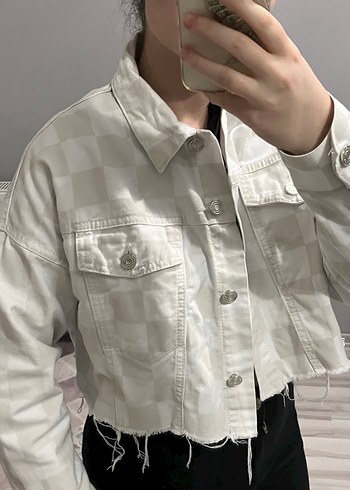 Ekose Desenli Beyaz Gri Kadın Kot Ceket - Görsel 2