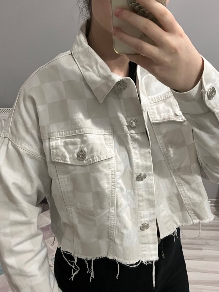 Ekose Desenli Beyaz Gri Kadın Kot Ceket - Görsel 2