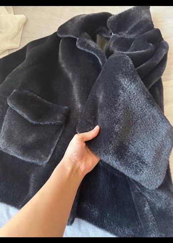 Siyah Süet Kadın Kürklü Midi Ceket - Görsel 2