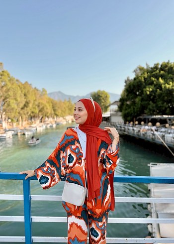 Diğer Kiremit Batik Desenli Uzun Kadın Kimono