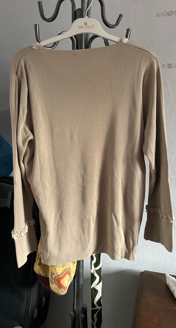 Bej Uzun Kollu Keten Kadın Kazak - Görsel 4