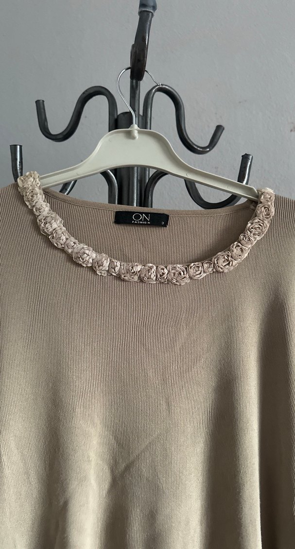 Bej Uzun Kollu Keten Kadın Kazak - Görsel 3