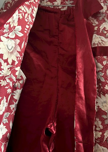 Bordo Çiçek Desenli Vintage Kadın Pijama Takımı - Görsel 6