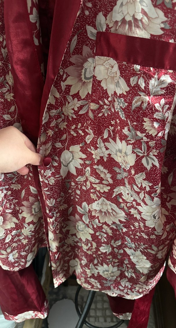 Bordo Çiçek Desenli Vintage Kadın Pijama Takımı - Görsel 2
