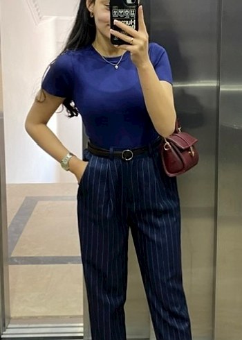 Quzu Lacivert Çizgili Denim Midi Pantolon