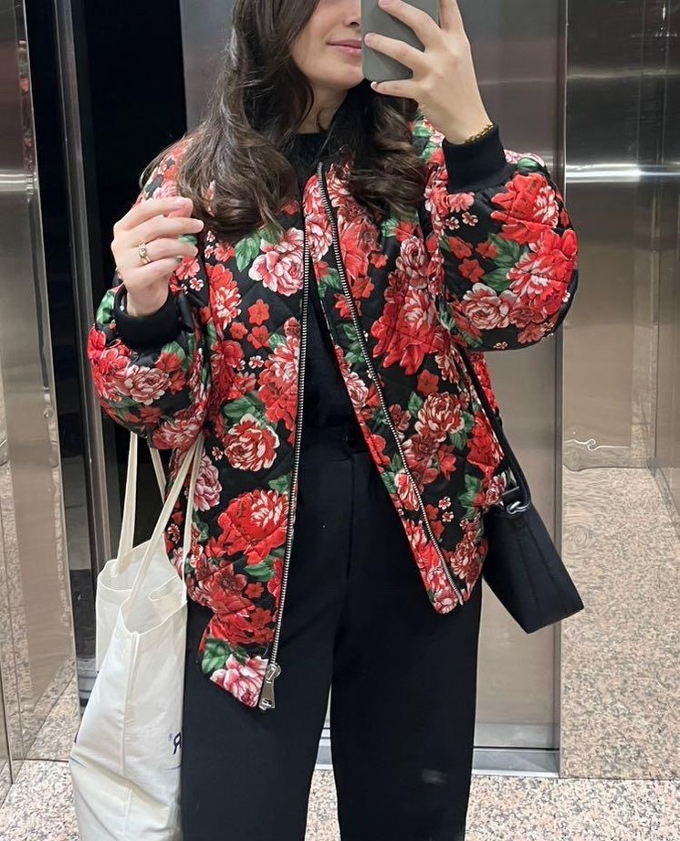 Koton Çiçek Desenli Kırmızı Kadın Bomber Ceket - Görsel 3