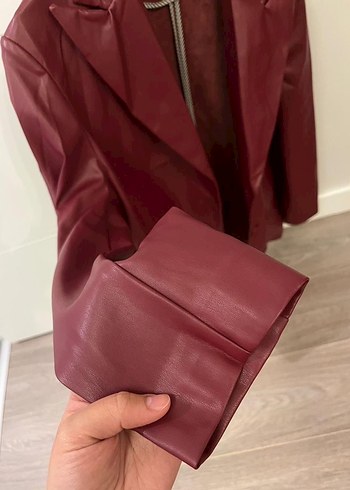 Bordo Deri Kadın Ceket Notch Yaka - Görsel 3