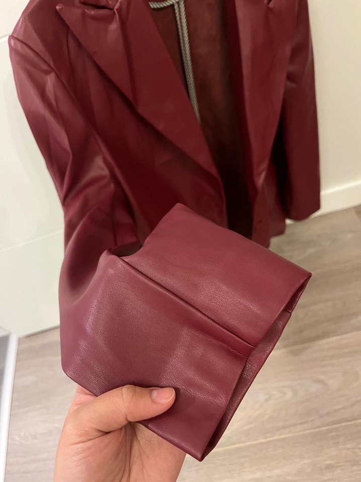 Bordo Deri Kadın Ceket Notch Yaka - Görsel 3