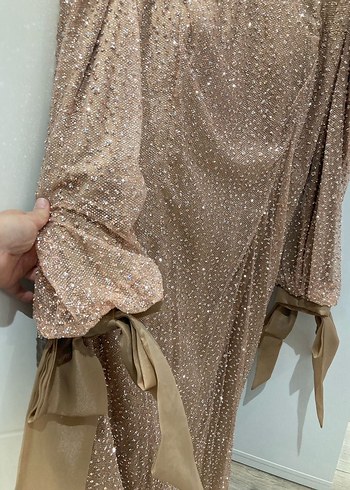 Camel Renk Drapeli Uzun Tesettür Abiye Elbise - Görsel 6