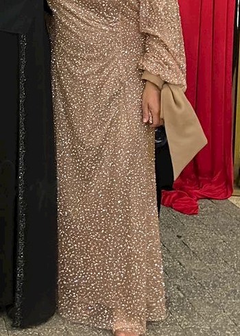 Camel Renk Drapeli Uzun Tesettür Abiye Elbise - Görsel 3