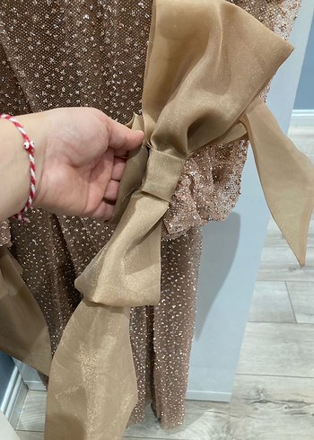 Camel Renk Drapeli Uzun Tesettür Abiye Elbise - Görsel 5