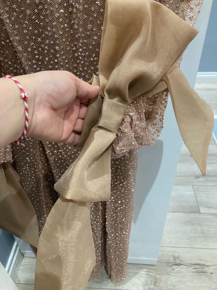 Camel Renk Drapeli Uzun Tesettür Abiye Elbise - Görsel 5