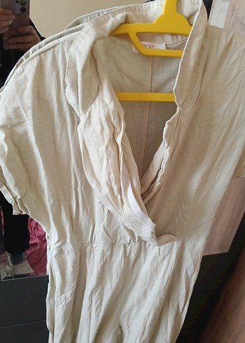 Gri V Yaka Kısa Kollu Keten Tulum - Görsel 2