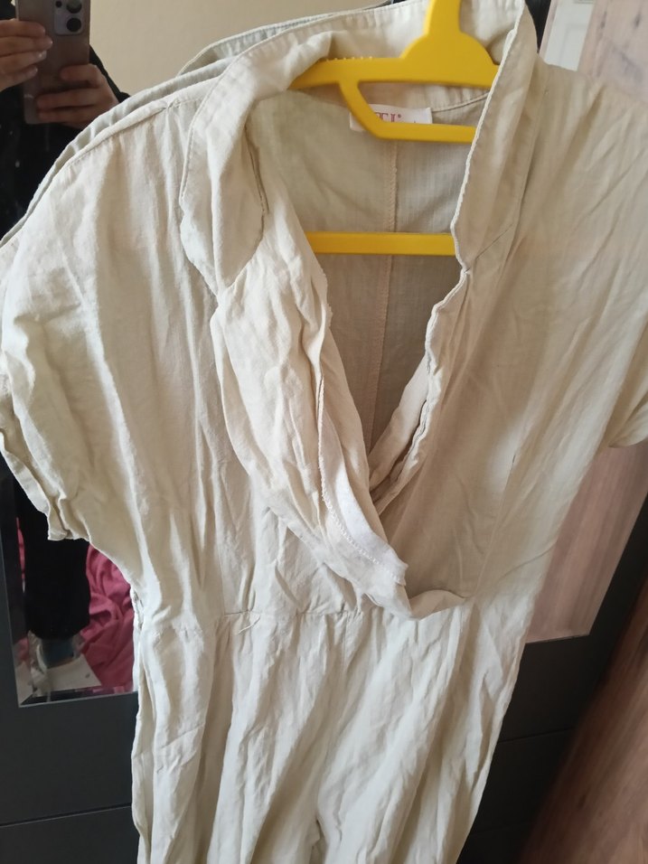 Gri V Yaka Kısa Kollu Keten Tulum - Görsel 2