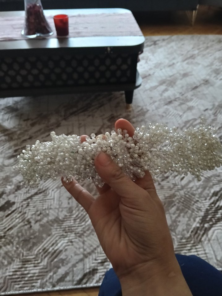 Boncuklu Beyaz gelin tacı - Görsel 4