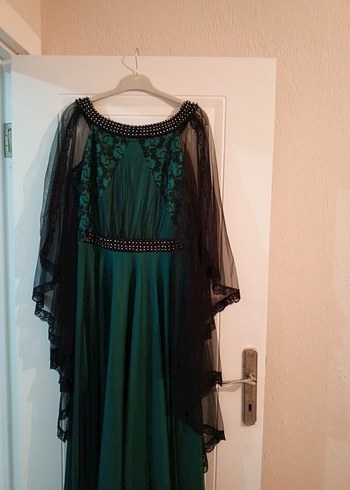Abiye Uzun Turkuaz Gotik Nakışlı Abiye Elbise