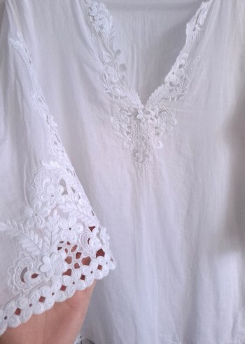 ZARA WOMAN Dantel Detaylı V Yakalı Beyaz Bohem Bluz
