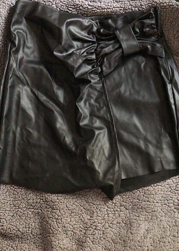 Kadın Siyah Deri Mini  Şort etek - Görsel 2