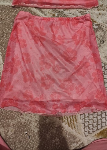 Pembe Bağlama Desenli Mini Kadın etek crop Takımı - Görsel 3