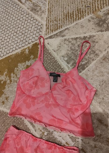 Pembe Bağlama Desenli Mini Kadın etek crop Takımı - Görsel 2