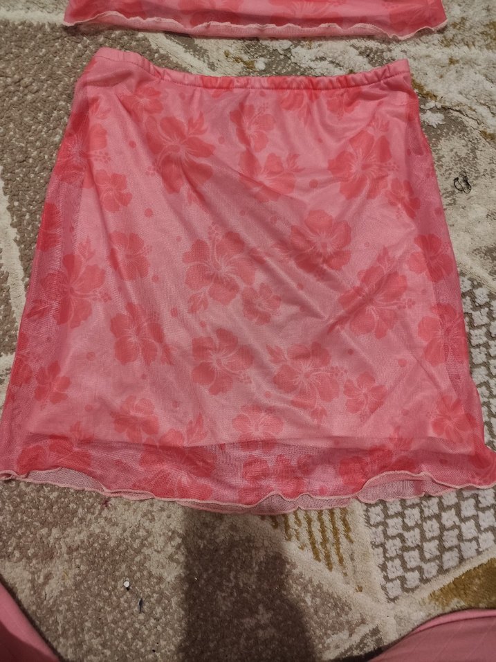 Pembe Bağlama Desenli Mini Kadın etek crop Takımı - Görsel 3