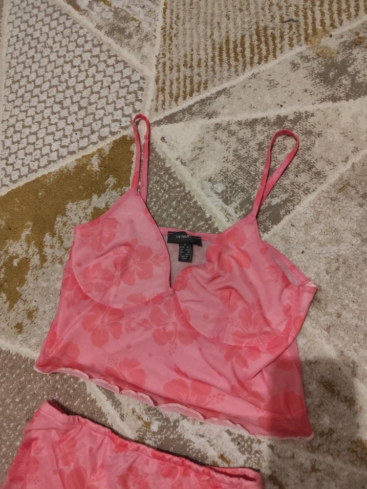 Pembe Bağlama Desenli Mini Kadın etek crop Takımı - Görsel 2