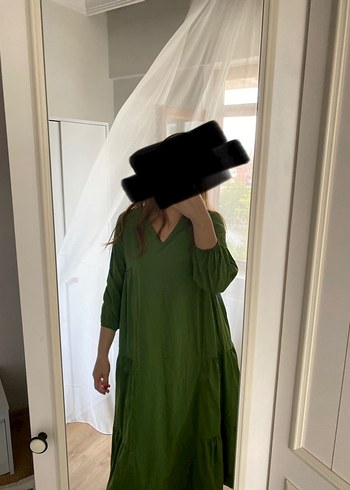 Kadın Haki Keten Elbise - Görsel 5
