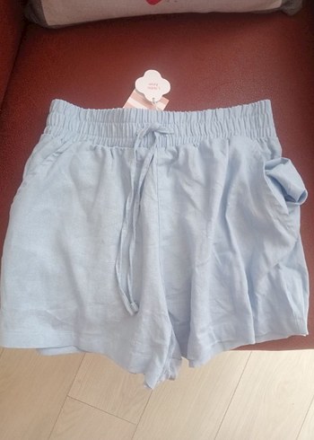 Mavi Keten Mini Şort