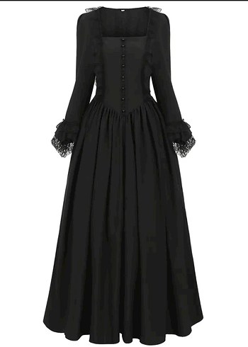 Siyah Uzun Kollu Fırfırlı Gotik Elbise