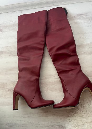 Bordo Deri Dizüstü Topuklu Kadın Çizme - Görsel 3